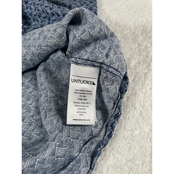 UNTUCKit Silineo Men's XL Blue White Geometric Waves Linen Short Sleeve Shirt - Picture 6 of 9